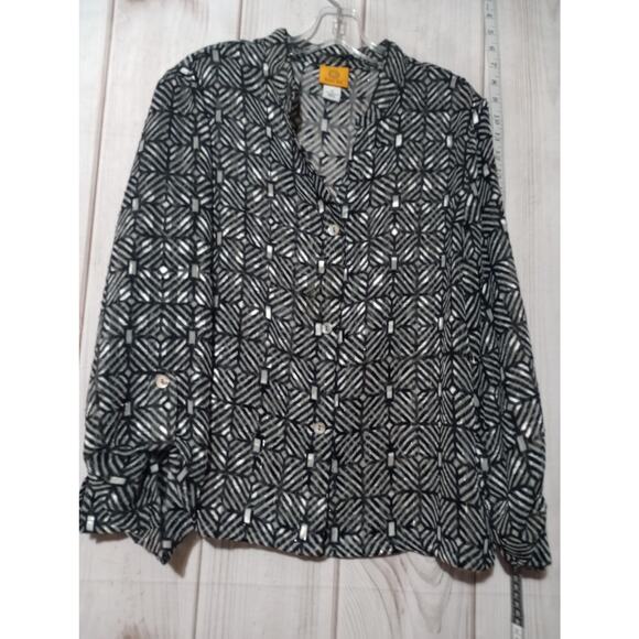 Ruby Rd Blouse Womens 14 Black White Sheer Chiffon Button Up Long Sleeve Top - Picture 1 of 8